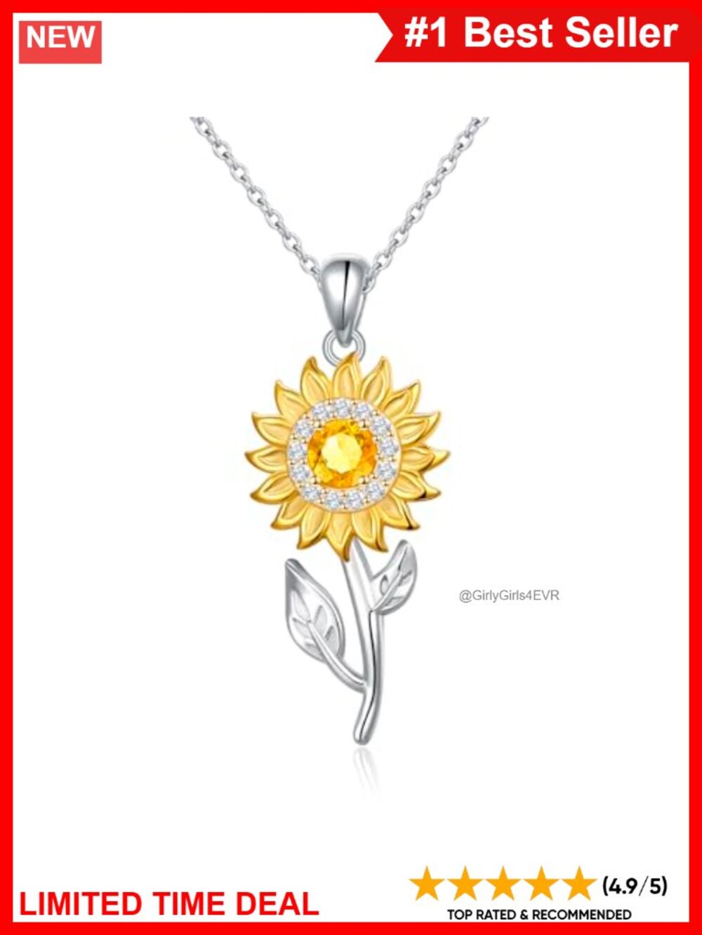 S925 Sterling Silver Sunflower Pendant Necklace Cubic Zirconia Two Tone